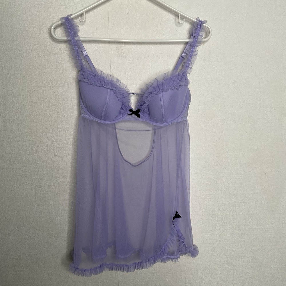 Vintage Victoria's Secret Lilac Periwinkle Nightie Sheer Mesh Underwire Size 36C